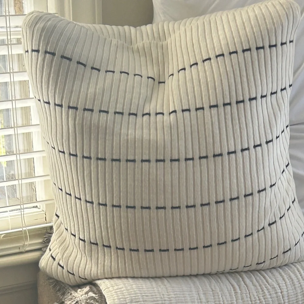 Cashmere Blend Striped Cream Black Throw Pillow Down Feather Insert Size 20x20